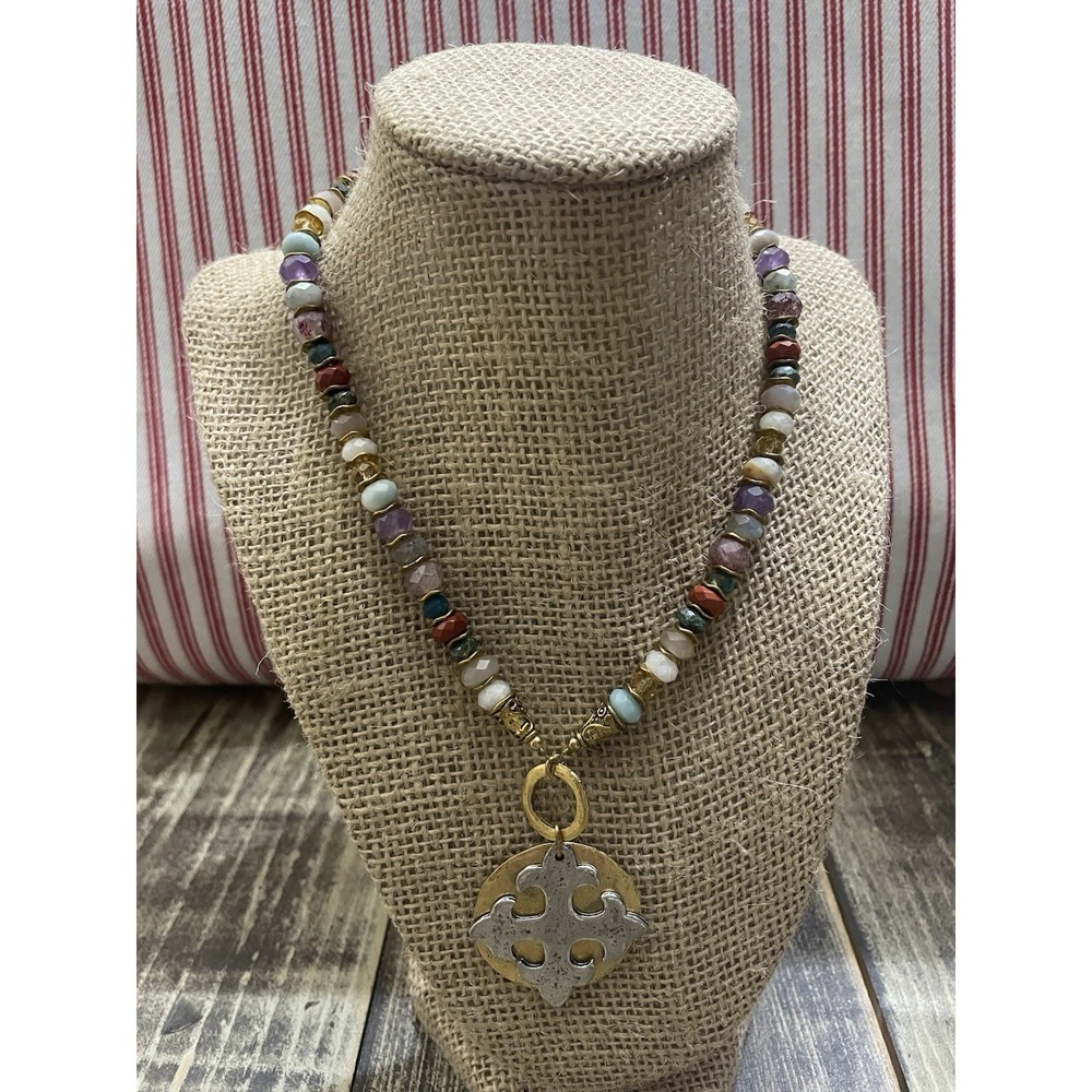 Julio Designs Multi Colored Gemstone Necklace With Layered Cross EUC